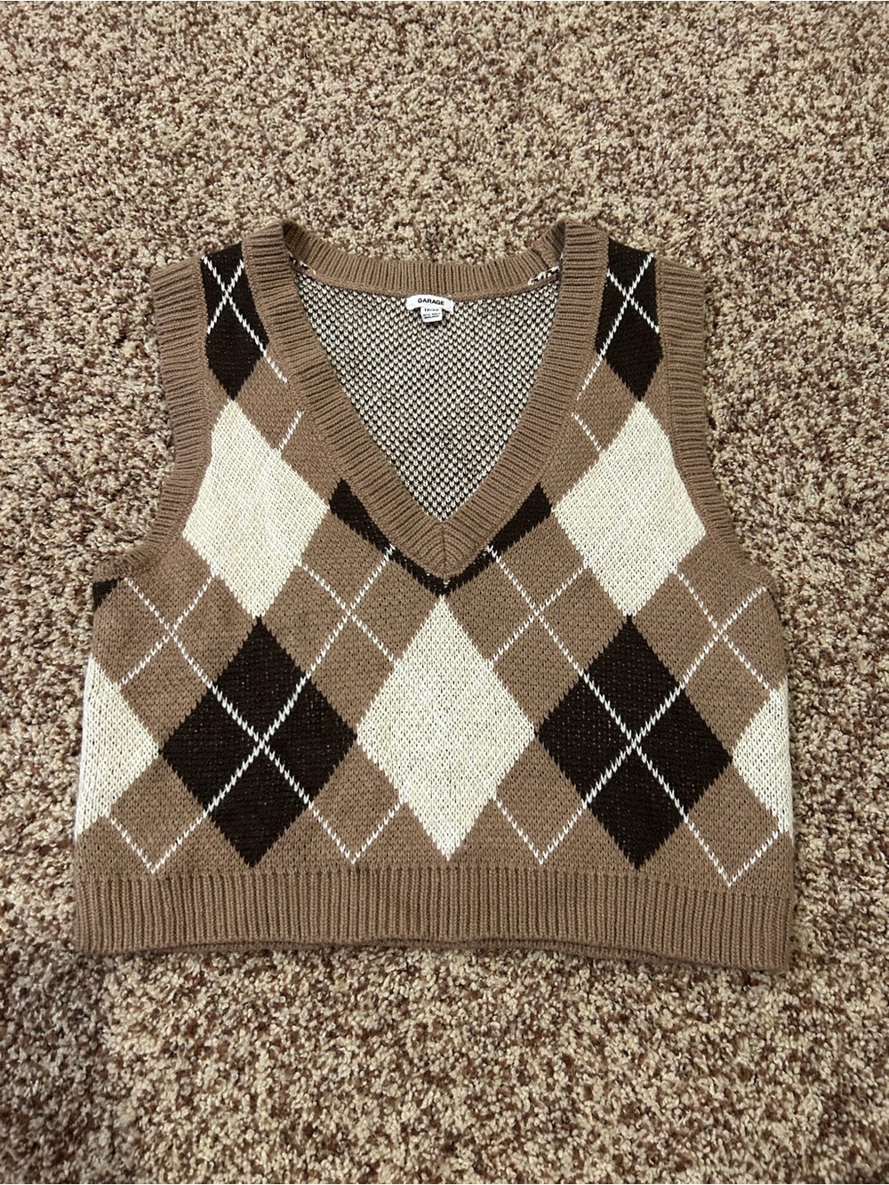 Garage Argyle V-Neck Sweater Vest - Tan Ivory Brown